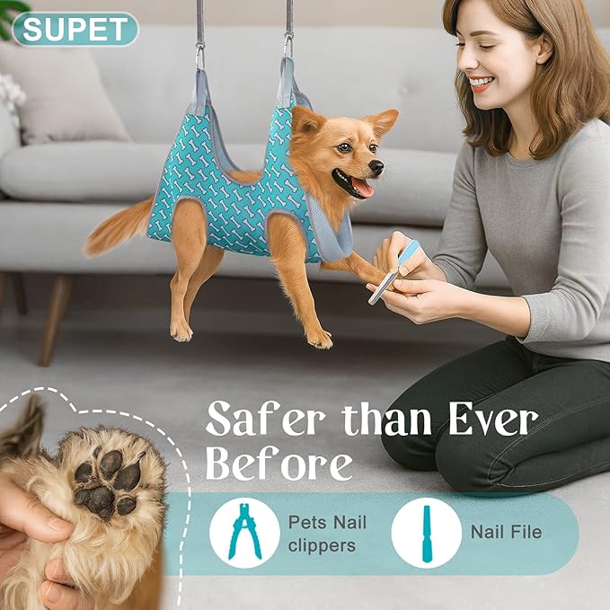 Supet Dog Grooming Hammock Harness for Dogs Cats, Relaxation Pet Nail Clipper Hammock, Restraint Dog & Large Animal Leashes Sling for Groomingk for Nail Trimming (Coral Blue, L)