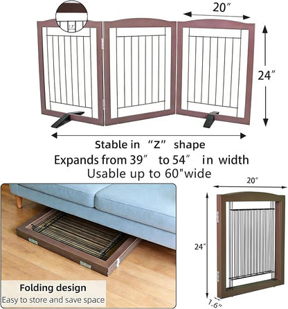 ZJSF Freestanding Dog Fence Indoor, Foldable Dog Gate for Doorways, Stairs or Hallways, Sturdy Wood Extra Wide Pet Gate with Support Feet for The House, Brown, 24 "Height-3 Panels