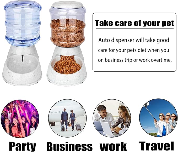 Old Tjikko Automatic Feeder and Water Dispenser in Set,Gravity Food Feeder and Waterer with Pet Food Mat,Large, 3 Gallonx 2, Gray (Water and Food Dispenser Set)