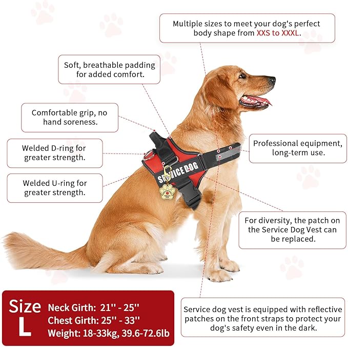 Opstin Service Dog Vest, ID Tag + 50 ADA Information Cards, Service Dog Harness in Sizes X Small to XX Large, Ruggedized Metal Tag, 2-Sided Service Animal Information Cards, ESA Accessory Set Large
