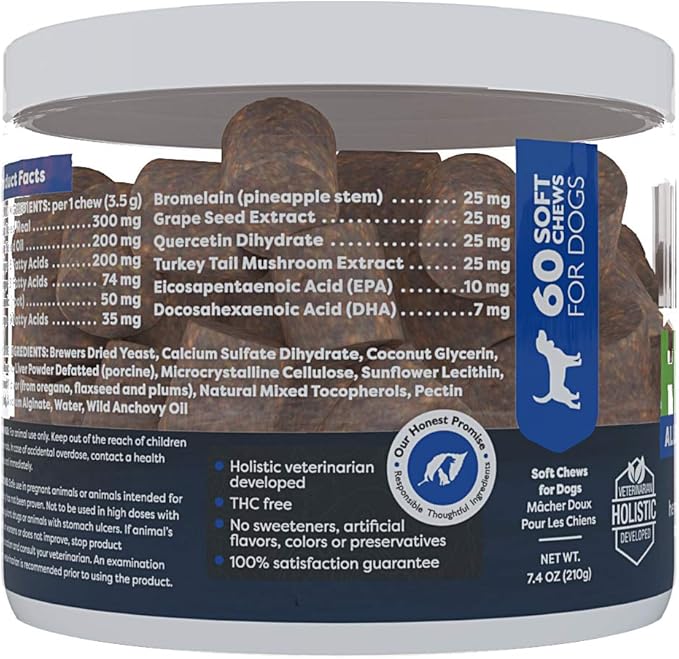 Only Natural Pet Allergy, Skin & Coat Hemp Soft Chews - Allergy Immune Bites for Dogs, Omega 3 Supplement, Calming Treats for Itchy Skin Relief, Hot Spot - (60 Count) (AL.)