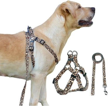 Harness and Leash Set, Leopard Pattern, 5ft Matching Leash, No Pull, Easy Wear for Medium Dogs.(M, Brown Leopard)