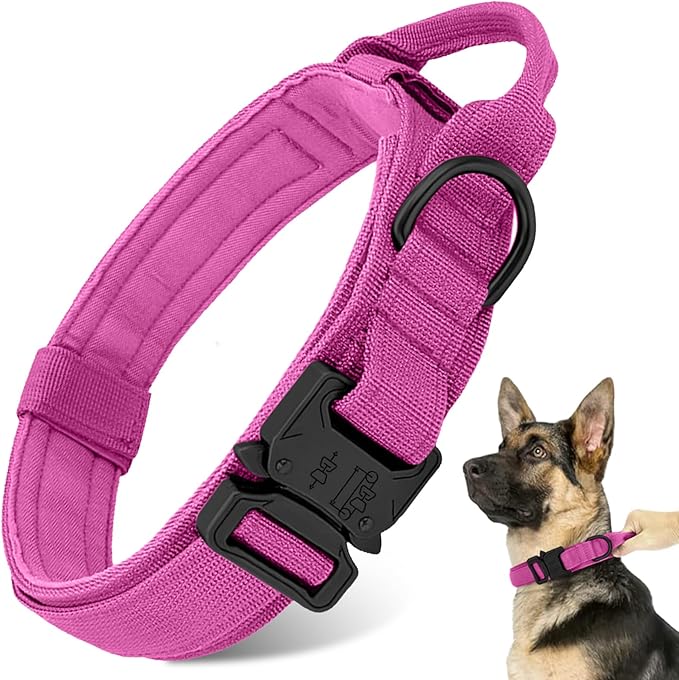 Tactical Dog Collar Heavy Duty Metal Buckle with Handle for Dog Training (Pink, M)