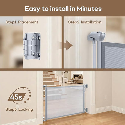 SPACEANY Retractable Safety Baby Gate or Mesh Dog Gate,Durable Portable Mesh Retractable Gate,Easy to Use for Stairs, Doorways, Hallways, Indoor, Outdoor, 33.5" Tall, Up to 45" Wide, Gray