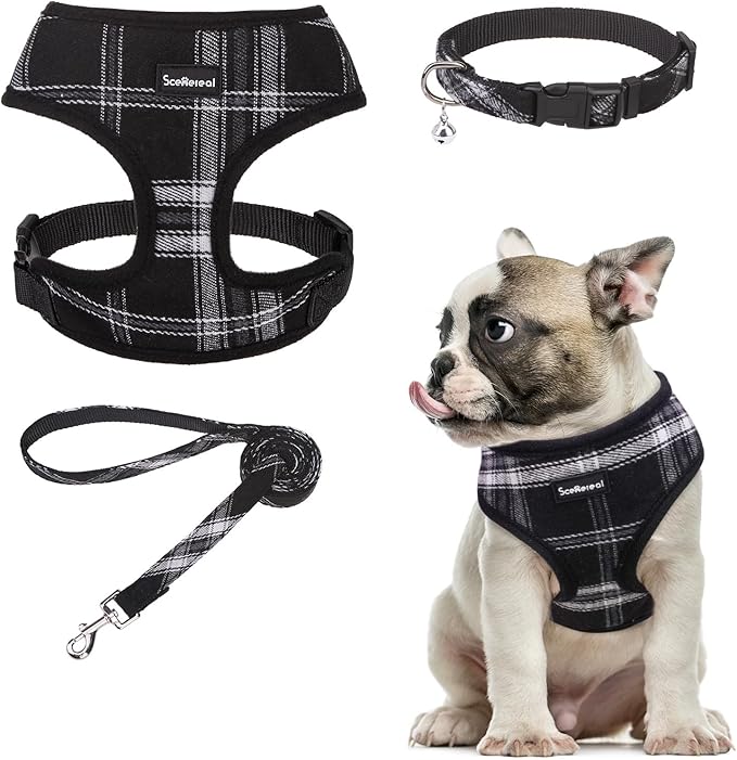 SCENEREAL No Pull Dog Harness Collar and Leash Set Small Medium Sized Dog, Soft Mesh Puppy Harnesses, No Chock Plaid Adjustable Pet Vest for Outdoor Walking Training and Running, Black M