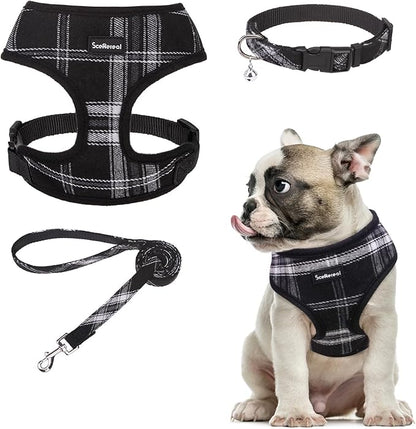 SCENEREAL No Pull Dog Harness Collar and Leash Set Small Medium Sized Dog, Soft Mesh Puppy Harnesses, No Chock Plaid Adjustable Pet Vest for Outdoor Walking Training and Running, Black M