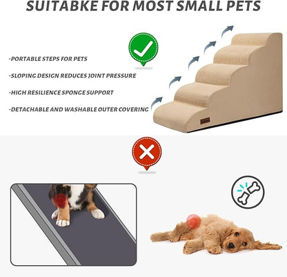 Aodisman 5-Step Dog Stairs and Ramp for High Bed, Non-Slip Sturdy Pet Steps for Small Dogs and Cats,22.2" H,Khaki