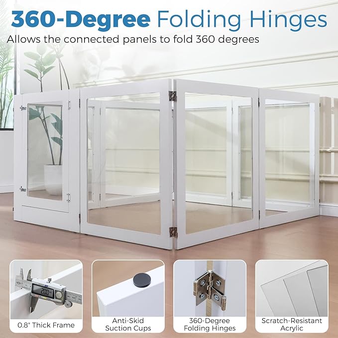 Heavy Duty Clear Acrylic Dog Playpen, 32" Height Transparent Pet Pen, Metal Frame Easy Assemble Kennel Enclosure, Ideal for Small to Medium Dogs, Cats, and Other Small Pets (White, 6 Panels with door)