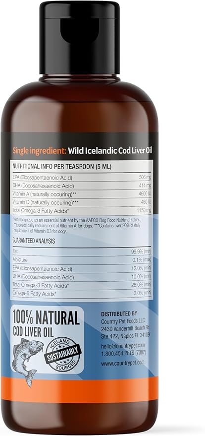 Wild-Caught Pure Icelandic Cod Liver Oil for Dogs & Cats 8oz, Single-Ingredient, 1150 mg Omega-3, High EPA/DHA, Natural Vits A&D, Supports Healthy Skin, Coat & Mobility, 8oz bottle