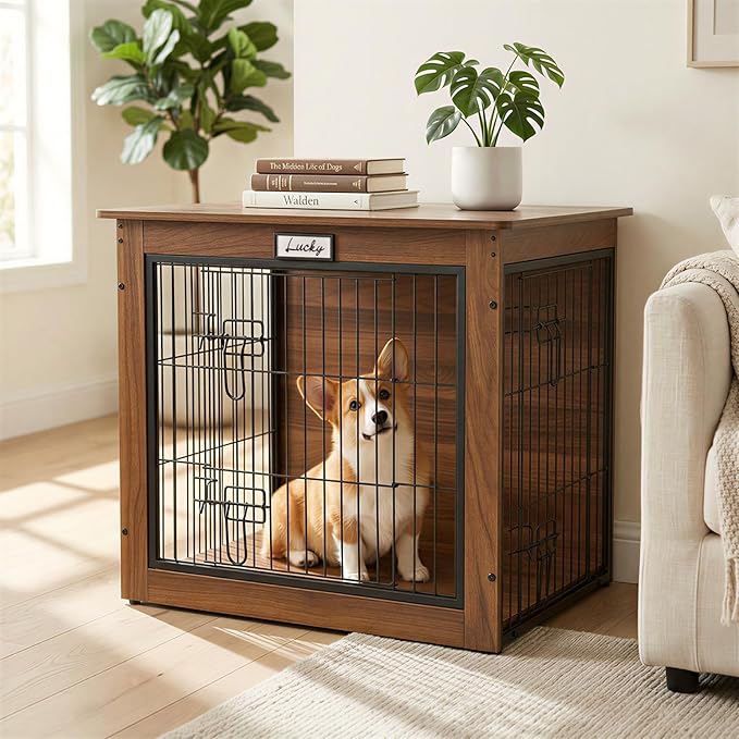 Walnut Dog Crate Furniture with Reversible Side Door, 28inch Wooden Indoor Dog Kennel for Small Medium Dogs, End Table Dog Crate with Double Locks & Steel Mesh, Furniture Style Dog Cage
