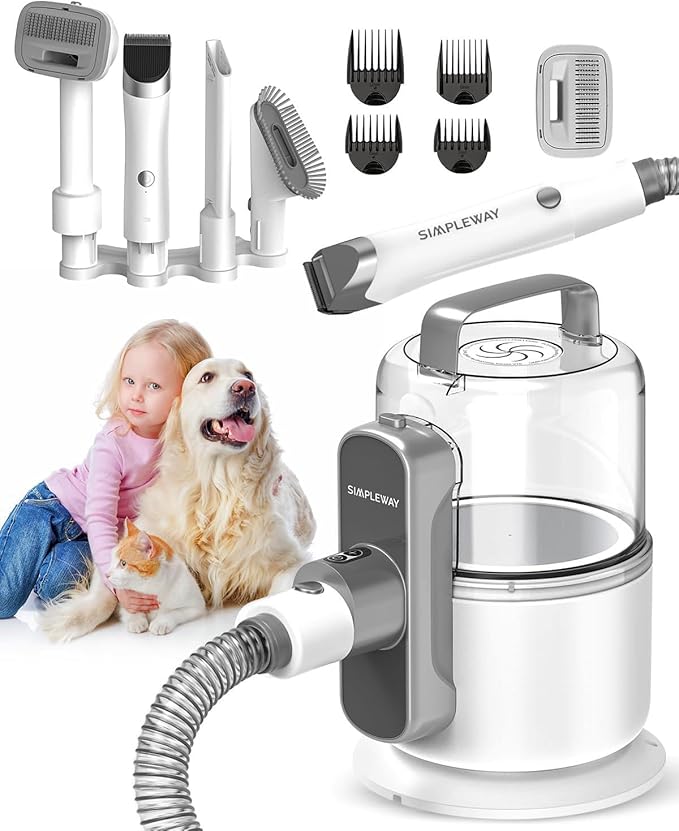 Dog Vacuum Grooming Kit for Shedding: Professional Hair Clippers Pet Groomer - Strong Suction Cleaner Deshedding Tool Fur Brush Attachment Trimmer for Home Cat (Pale White)