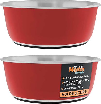 Master Pet Supply Stainless Steel Dog Bowls Set of 2 (64 Oz Each) with Non-Slip Rubber Base - Crimson Flame - Basic Dog Food Bowl Water & Food Bowls for Small Medium Large Dogs & Cats, Metal Dish