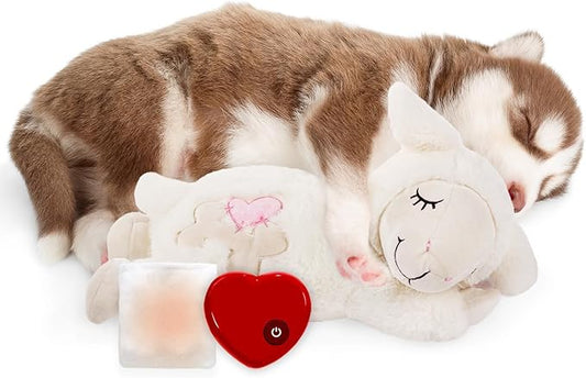 ALL FOR PAWS Heartbeat Dog Toy with Warm Bag for Puppy Anxiety Relief & Sleep Aid, Heartbeat Stuffed Animal Dog Toy for Behavioral Training, Snuggling Plush Toy for Puppy Calming Aid, White Sheep