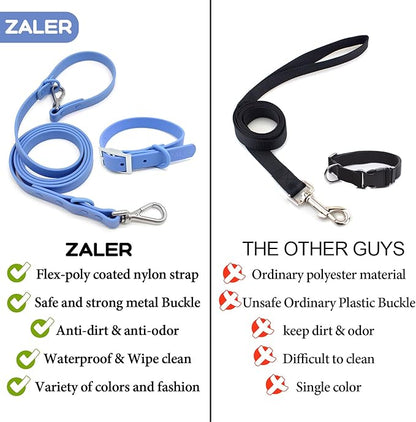 ZALER Dog Collar and Leash Set, Waterproof Adjustable Odor Proof Pet Collars Leashes Easy to Clean, 6FT Dog Leash with 2 Hooks for Large, Medium Small Dogs (XS, Blue)