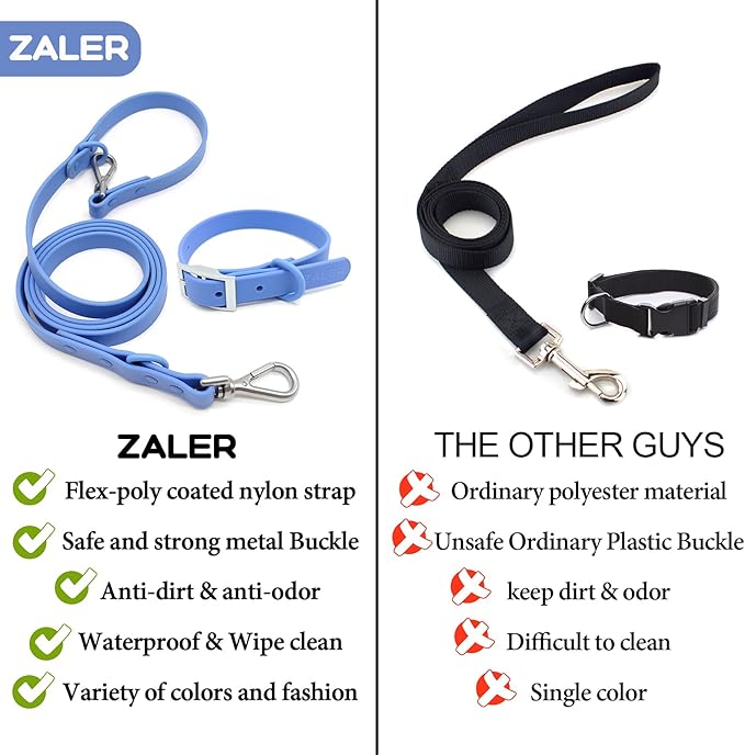 ZALER Dog Collar and Leash Set, Waterproof Adjustable Odor Proof Pet Collars Leashes Easy to Clean, 6FT Dog Leash with 2 Hooks for Large, Medium Small Dogs (S, Blue)