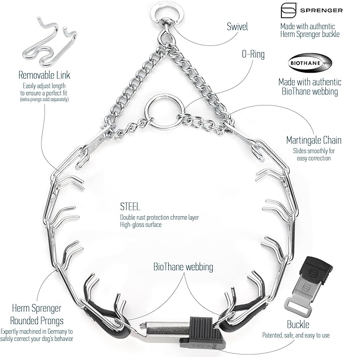 Herm Sprenger Prong Collar with Quick Release Cliclock Buckle & Biothane Insert & Swivel Ring | Chrome Plated Steel No Pull Dog Training Collar Made in Germany, Black 16in x 2.25mm Necks up to 13-14in