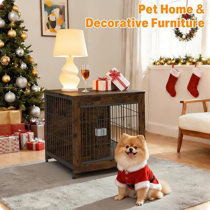 Furniture Style Dog Crate, 27" Wooden Dog Kennel End Table with Solid Top, Indoor Pet Crate House with Secure Slide Lock, Modern Dog Cage Furniture for Small & Medium Dogs
