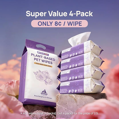 HICC PET Cleaning Deodorizing Wipes for Dogs & Cats, Vet Recommended Plant-Based Pet Grooming Wipes, Fermented Coconut Oil Grooming Paws, Body and Butt, Family Size Supply 400 Count, Rose