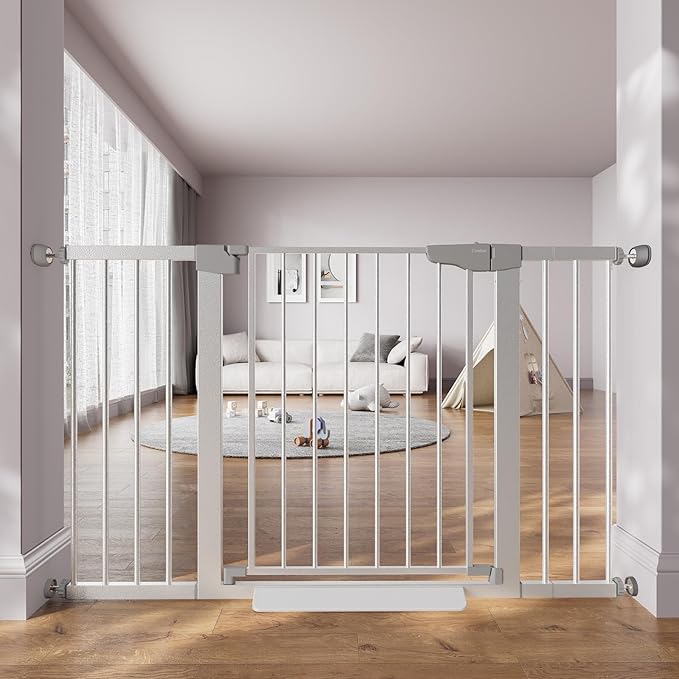 Cumbor 29.7–51.5" Extra Wide Baby Gate for Stairs, Pressure-Mounted Dog Gates for Doorways & Hallways, Auto-Close Walk-Through, No-Trip Design, Child Proof Safety, Dog/Pet Gate for Indoor Use, Silver