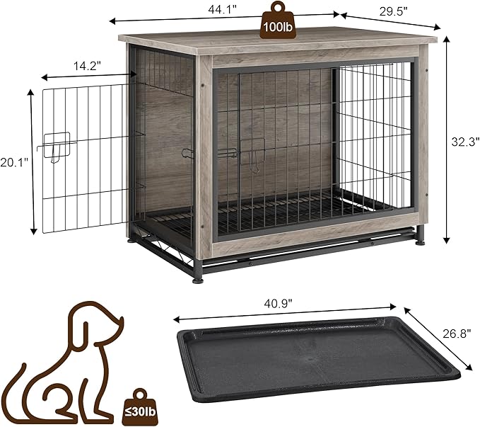 JY QAQA Dog Crate Furniture, Wooden Dogs Crate Table, Double-Doors Dog Furniture, Indoor Dog Kennel, Dog House, Dog Cage/Grey/XL