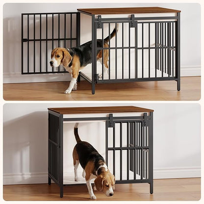 HOOBRO Dog Crate Furniture with Sliding Barn Door, Dog Kennel Indoor for Small/Medium Dogs, Heavy Duty Dog Cage with 2 Doors, End Table for Living Room, Bedroom, Rustic Brown and Black BWH73GW03