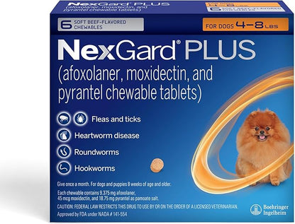 NexGard Plus (afoxolaner, moxidectin, and pyrantel) Flea and Tick Protection & Heartworm Preventive for Dogs Soft Beef Flavored Chewables, 4-8 lbs. (Orange ) 6 Chews (6 Month Supply)