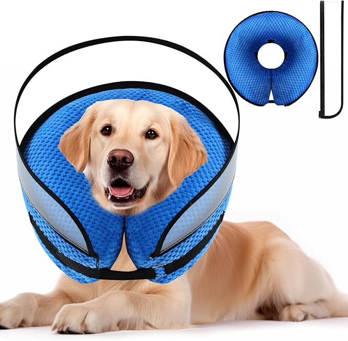 2-in-1 Soft Inflatable Dog Cone Collar Alternative with Enhanced Anti-Licking Guard Shield, Dog Collar After Surgery, Adjustable Recovery Cones for Large Medium Small Dogs and Cats (Blue,M)
