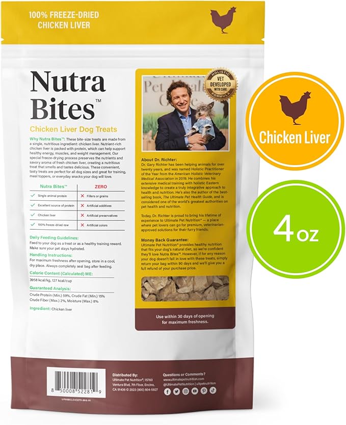 ULTIMATE PET NUTRITION Nutra Bites Freeze Dried Raw Single Ingredient Training Treats Food Topper for Dogs, 4 Ounces, Chicken Liver
