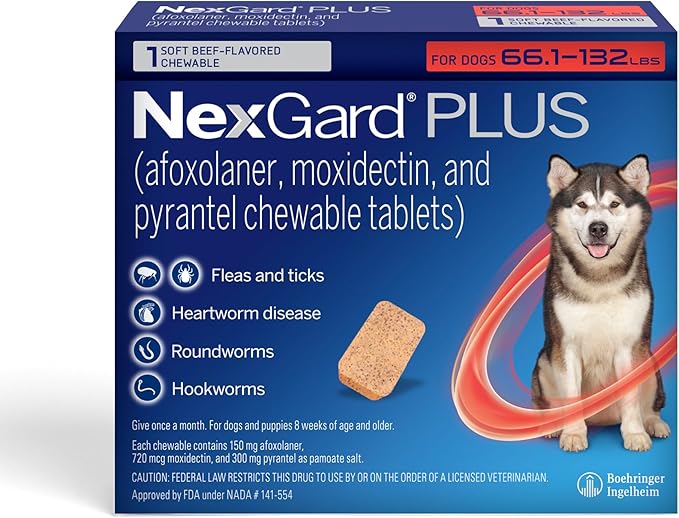 NexGard Plus (afoxolaner, moxidectin, and pyrantel) Flea and Tick Protection & Heartworm Preventive for Dogs Soft Beef Flavored Chewables, 66.1-132 lbs. (Red) 1 Chew (1 Month Supply)