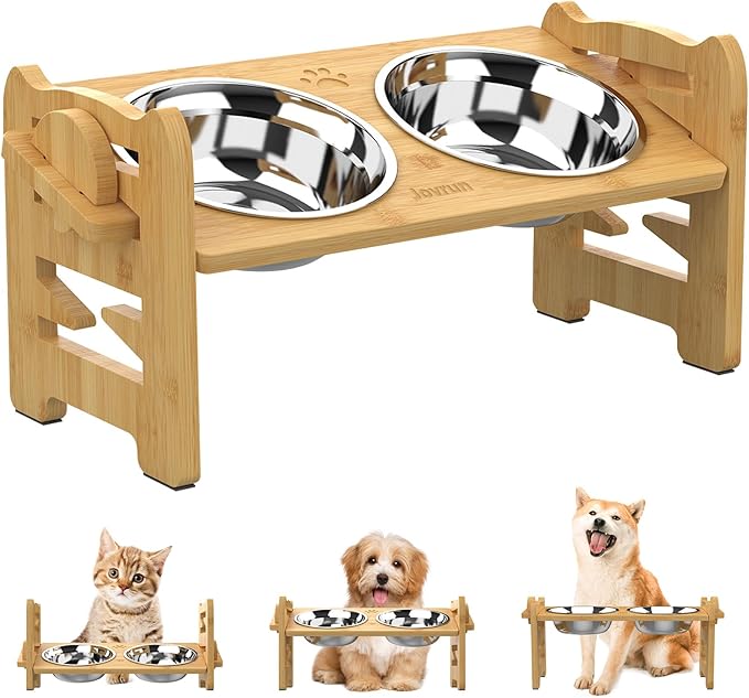 Jovrun Elevated Dog Bowls, Adjustable Raised Dog Bowl Stand for Small Size Dogs and Cats, 15°Tilted Elevated Cat Bowls, Durable Bamboo Dogs Feeder with 2 Stainless Steel Bowls and Non-Slip Feet