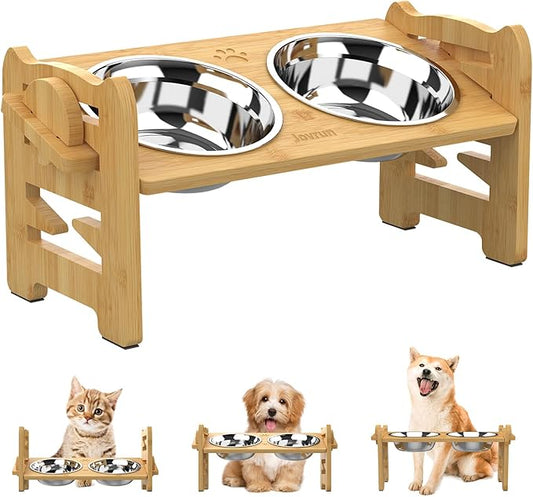Jovrun Elevated Dog Bowls, Adjustable Raised Dog Bowl Stand for Small Size Dogs and Cats, 15°Tilted Elevated Cat Bowls, Durable Bamboo Dogs Feeder with 2 Stainless Steel Bowls and Non-Slip Feet
