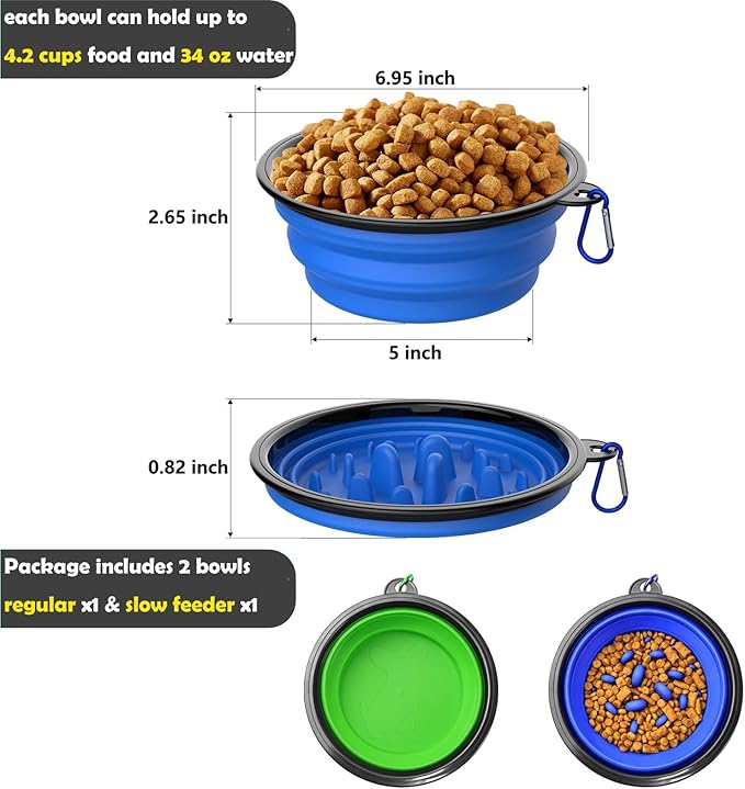 2 Pack [Slow Feeder Design + Regular], Collapsible Dog Bowl Travel Portable Pet Bowls, [34oz,1000ml] Foldable Food Water Feeding Dishes for Traveling Hiking Walking with Carabiners [Blue,Green]