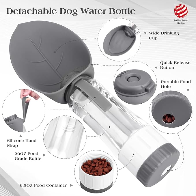 TIOVERY Dog Water Bottle Dispenser for Walking, Pet Water Feeder Container Portable with Drinking Cup Bowl Outdoor Hiking, Travel Large Grey