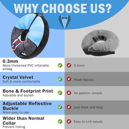 SCENEREAL Dog Cone Alternative After Surgery Pet Recovery Collar for Small Medium Large Dogs Cats, Adjustable Inflatable Donut to Prevent Licking, Black Suit Print E-Collars