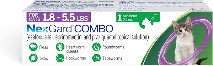 NexGard® Combo (esafoxolaner, eprinomectin, and praziquantel Topical Solution) Flea and Tick Protection Plus Heartworm Disease Preventive for Cats, 1.8-5.5 lbs. (Purple Box) 1 Dose (1 Month Supply)