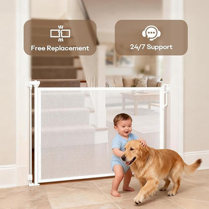 SPACEANY Retractable Safety Baby Gate or Mesh Dog Gate,Durable Portable Mesh Retractable Gate,Easy to Use for Stairs, Doorways, Hallways, Indoor, Outdoor, 33.5" Tall, Up to 45" Wide, White