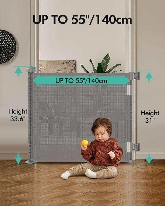 2PCS Retractable Baby Gates, Mesh Dog Gate for Doorways, 33.6" Tall, Expands to 55" Wide,Pet Safety Essential Fit for Baseboards, Wide Toddlers Gates for Hallways, Indoor & Outdoor,Grey