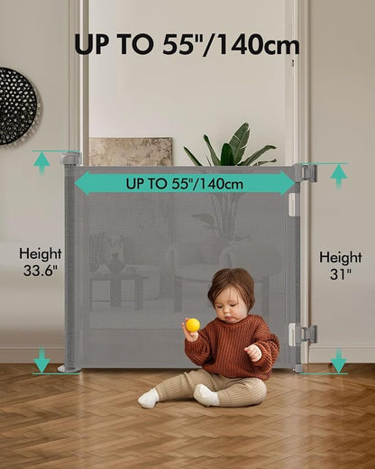 2PCS Retractable Baby Gates, Mesh Dog Gate for Doorways, 33.6" Tall, Expands to 55" Wide,Pet Safety Essential Fit for Baseboards, Wide Toddlers Gates for Hallways, Indoor & Outdoor,Grey