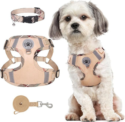 BEAUTYZOO Step in Dog Harness Collar and Leash Set for Small Medium Large Dogs, No Pull No Choke Puppy Harness,Soft Mesh Reflective Pet Padded Vest Adjustable for Doggie Girl or Boy,Chihuahua,Beige XS