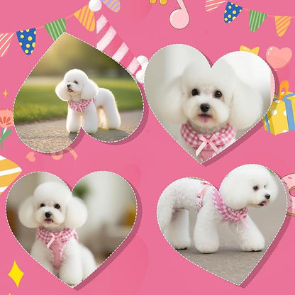 EXPAWLORER Cute Dog Harness Collar Leash Set - Pink Girl Dog Harness Checkered Step-in Design, Detachable Bow Pet Collar, Adjustable No-Choke Lightweight Mesh Vest for Cats Puppy Small Dogs, S