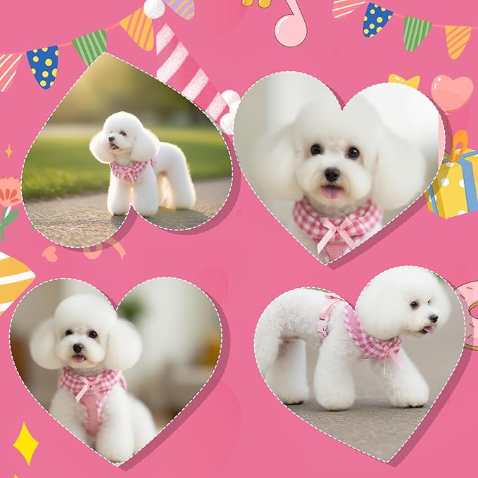 EXPAWLORER Cute Dog Harness Collar Leash Set - Pink Girl Dog Harness Checkered Step-in Design, Detachable Bow Pet Collar, Adjustable No-Choke Lightweight Mesh Vest for Cats Puppy Small Dogs, XS