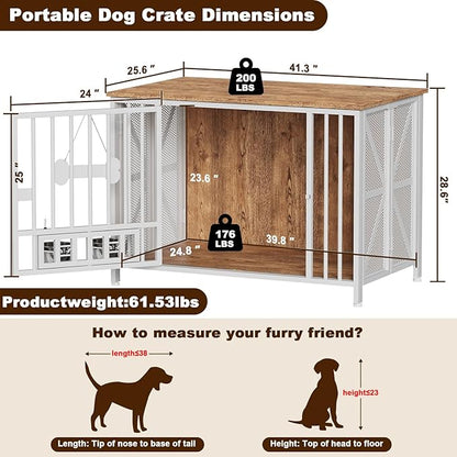 Easycom Foldable Large Dog Crate Furniture, 41.3" Assembly-Free Dog Crates for Large Dogs, Decorative Wooden Dog Kennel Indoor with Tag & Dog Bowls, Dog Cage Use as TV Stand, White & Beech