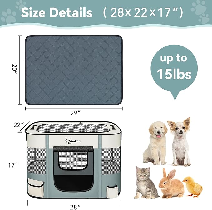 Dog Playpen,Cat Pet Puppy Pen,Portable Playpens for Dogs Indoor Outdoor Travel Camping Use,Foldable Dog Kennel Tent Crate for Rabbit Small Animals with Carrying Case (Grey with Pad, Small)