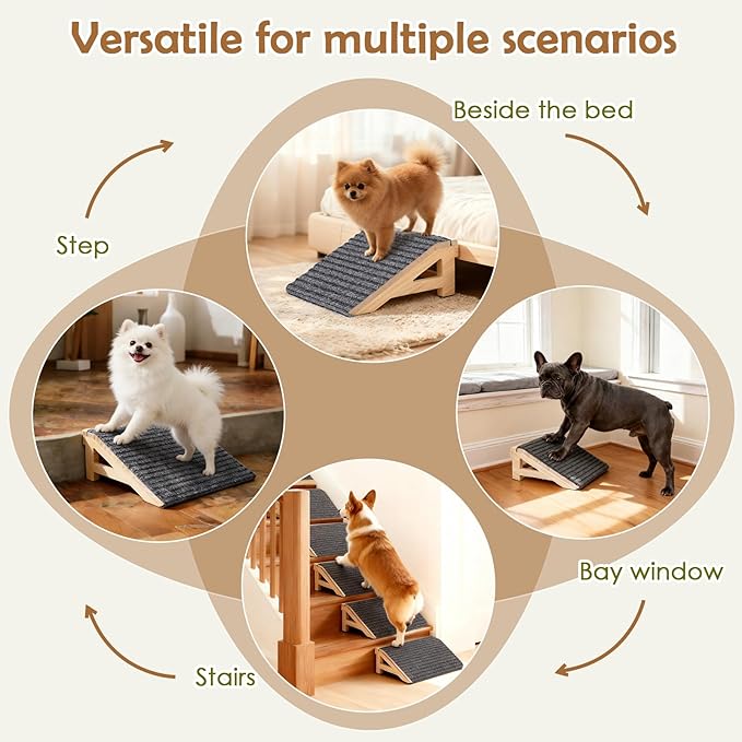 2-Pack Dog Ramp Stairs for Pets ups to 170lbs, Durable Anti-Slip Carpet Surface, Wooden Low-Angled Pet Ramp Assist for Injured & Aged Pets, Stairs Ramp for Small Dogs, No Assembly（Natural Solid Wood）
