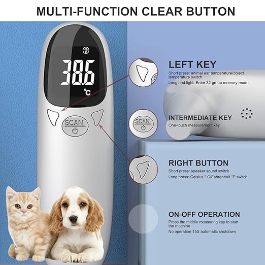 Ear Thermometer for Pet, Accurate 32-42.9℃ Ear Temperature Thermometer, Digital USB Rechargeable 5x1.5 for Dog, Cat, Pig, Sheep