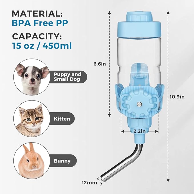 Vannon Dog Water Dispenser for Cage, 15oz Auto Feeding Crate Water Bottle for Dogs, Cats & Rabbits, Pet Nozzle Diameter: 12mm, BPA Free, Blue