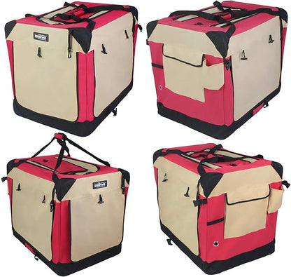 EliteField 4-Door Folding Soft Dog Crate with Curtains, Carrying Bag and Fleece Bed (2 Year Warranty), Indoor & Outdoor Pet Home (42" L x 28" W x 32" H, Red+Beige)