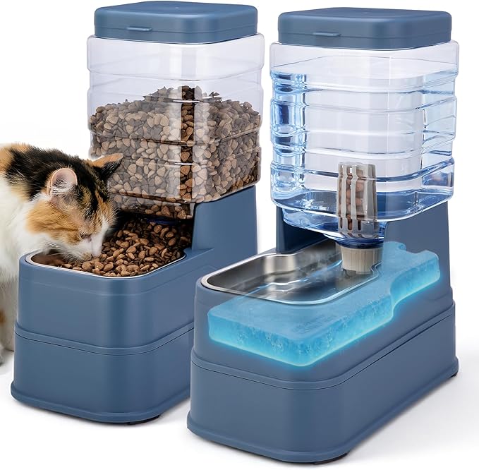 2 Pack Automatic Cat Feeder and Water Dispenser 1.3Gallon Dog Gravity Food Feeder and Water with Ice Pack Stainless Steel Dry Food and Waterer Bowl for Small Medium Large Pets (Blue)
