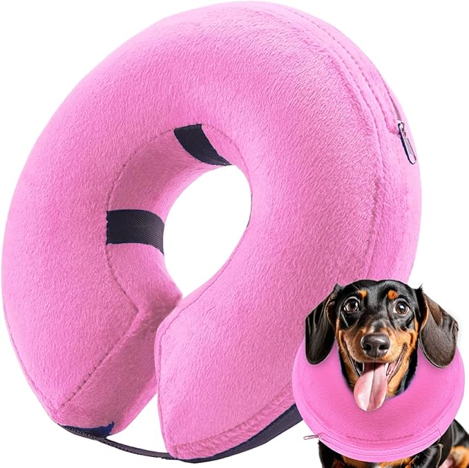 Inflatable Dog Cone Collar (M Size), Soft Blow-up Protective Recovery Collar, Cat Donut Cone, Comfy E-Collar After Surgery for Dog/Cats, Pink