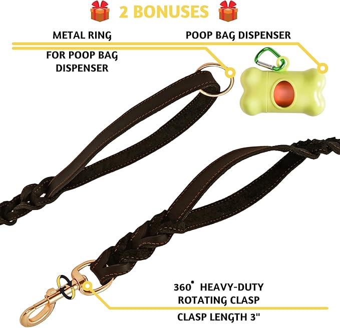 ADITYNA - Double Handle Leather Dog Leash 6ft - Heavy Duty Braided Dog Leash with Traffic Handle - Lead for Training and Walking Medium Large Breeds (Black, Two Handles 6 Foot x 5/8")